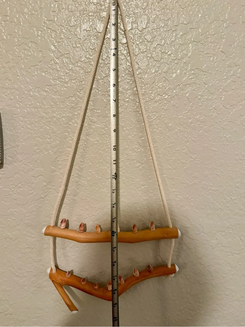 Driftwood And Rope Wall Hanging With Seashell Hooks For Jewelry